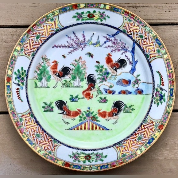 Vintage Chinese Antique Gold Trim Ornate Hand Painted 5 Rooster Decorative Plate - Picture 7 of 10